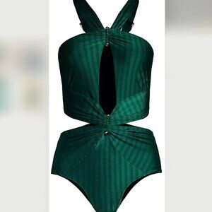 PatBO Emerald Green Glamcore One-piece Swimsuit Swimwear w/ Cutouts Sz M